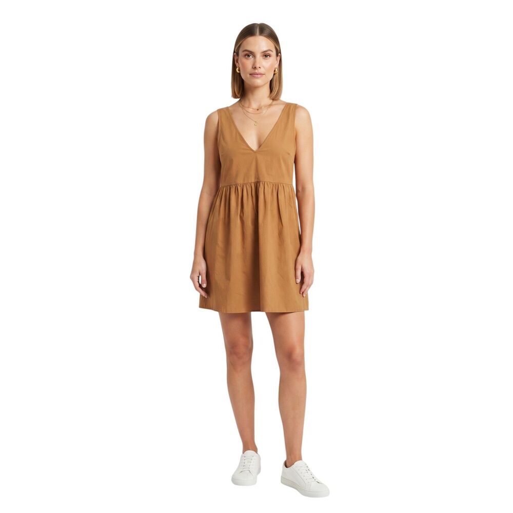 Orange A-line Mini Dress | V-neck Sleeveless Cotton